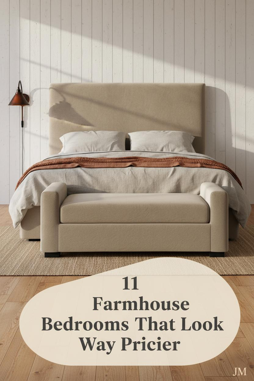 Rustic farmhouse bedroom with aged white board-and-batten wall, honey oak floors, oatmeal linen bedding, rust throw, and warm iron sconce glow