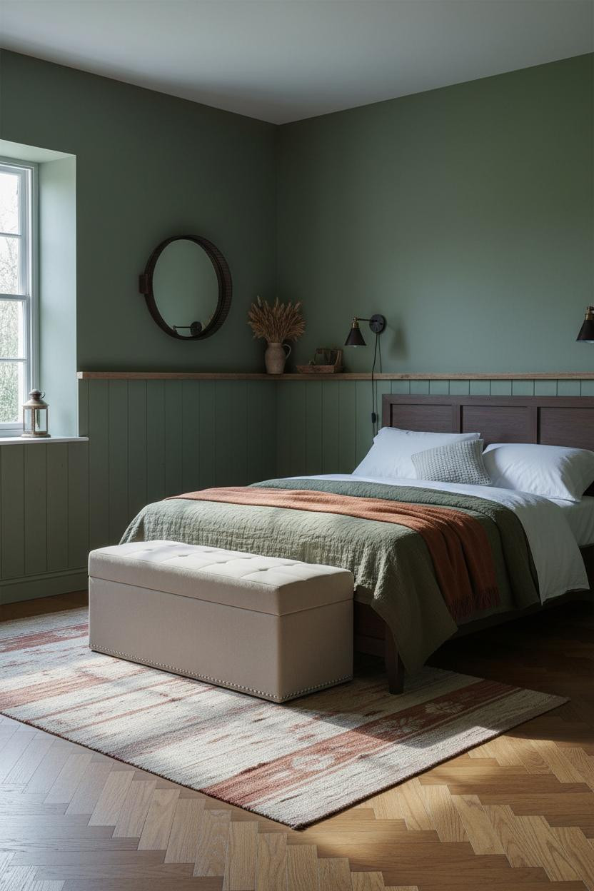 Rustic Farmhouse Bedroom Cozy Green Sage Wainscoting