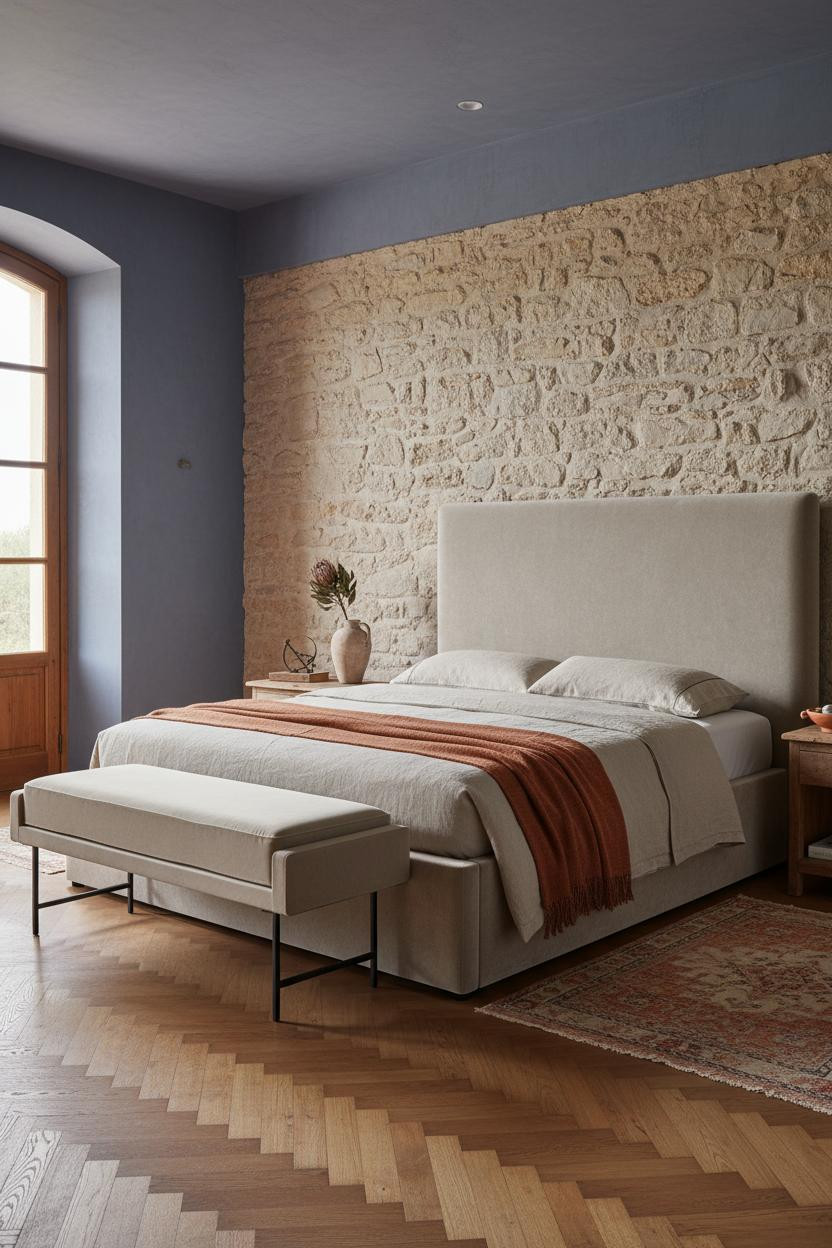 Rustic Farmhouse Bedroom Stone Walls Wainscoting