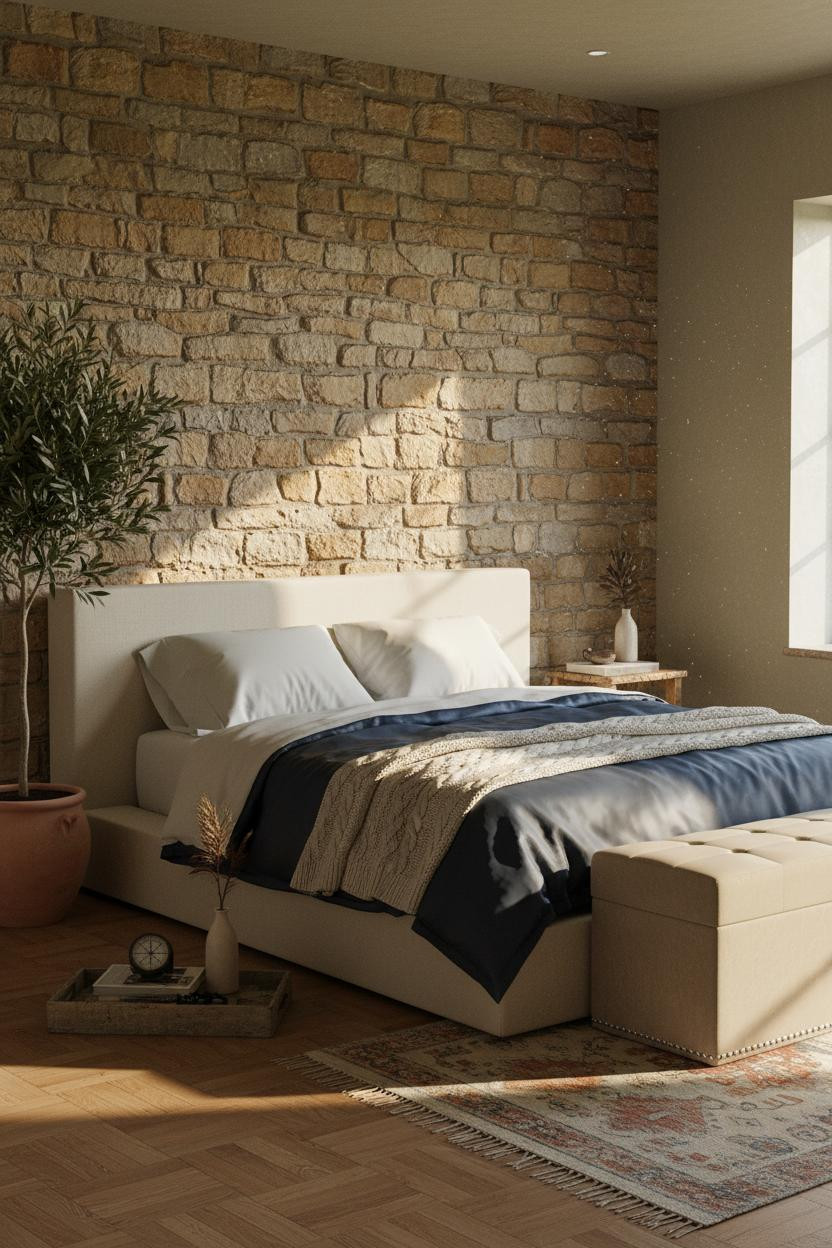 Rustic Farmhouse Bedroom Stone Wall Natural Light Accent