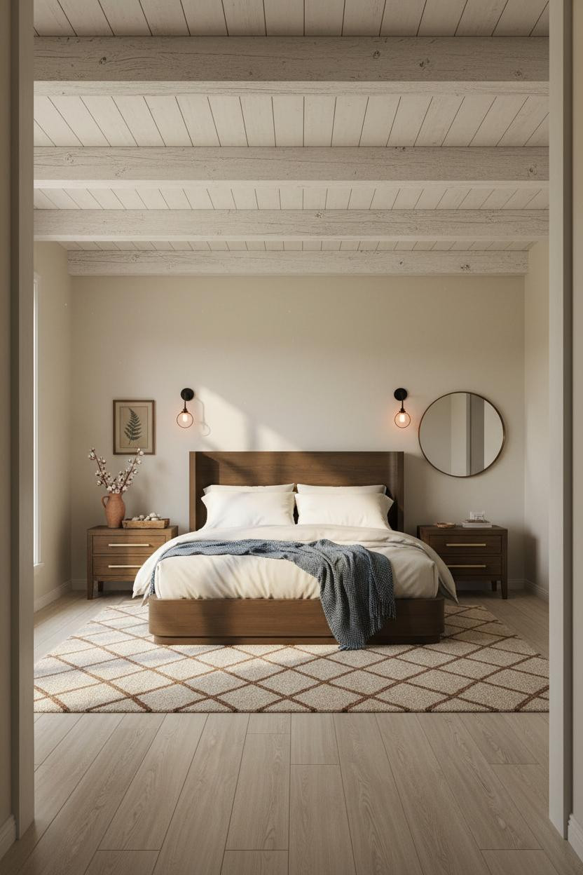 Rustic Farmhouse Bedroom Whitewashed Beams Cozy Country