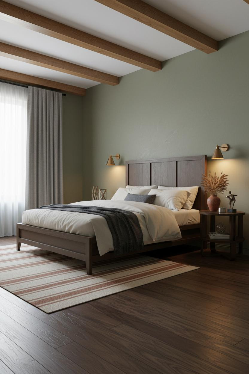 Rustic Farmhouse Bedroom Wooden Beams Sage Walls