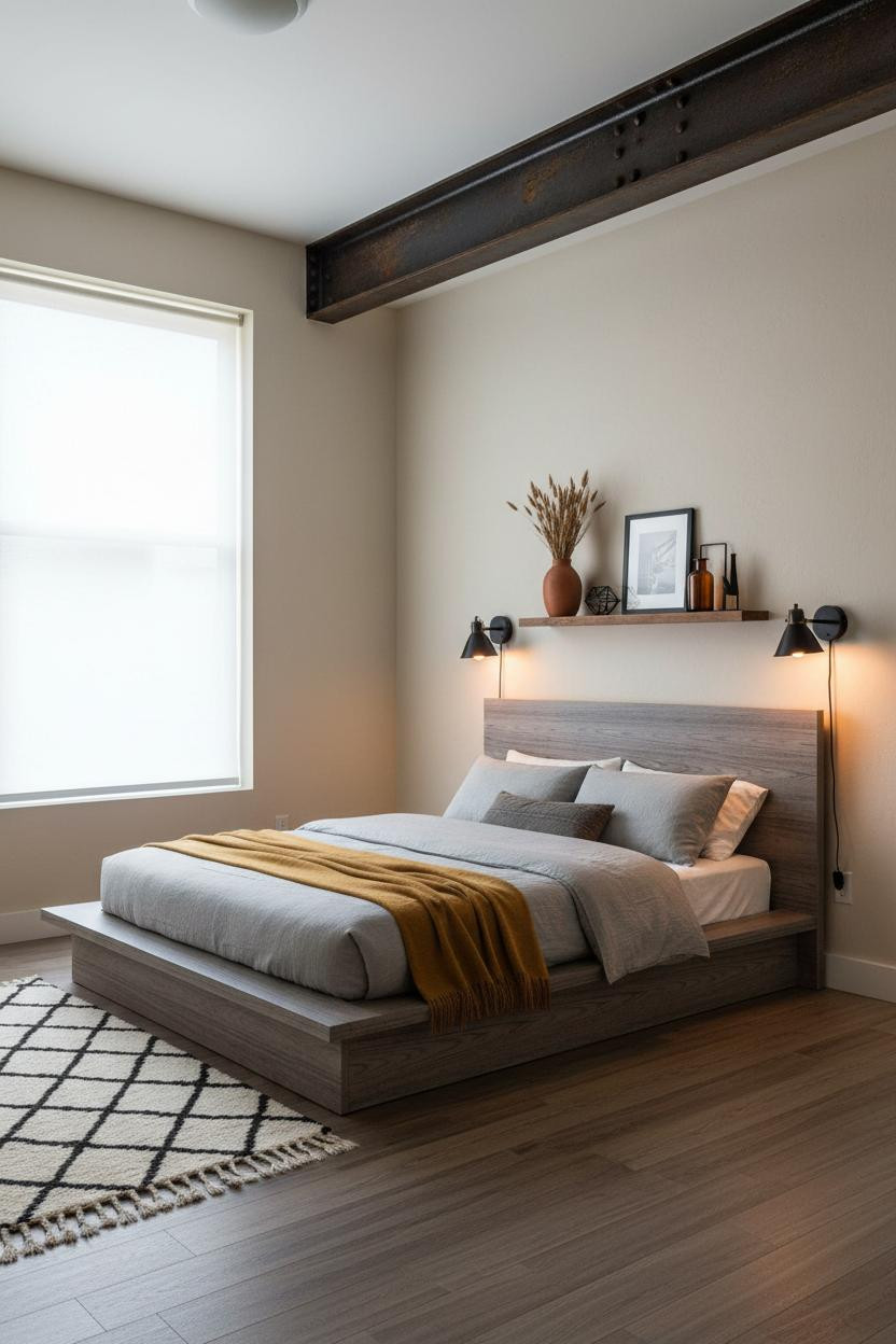 Rustic Industrial Bedroom Exposed Steel Beam Small Space