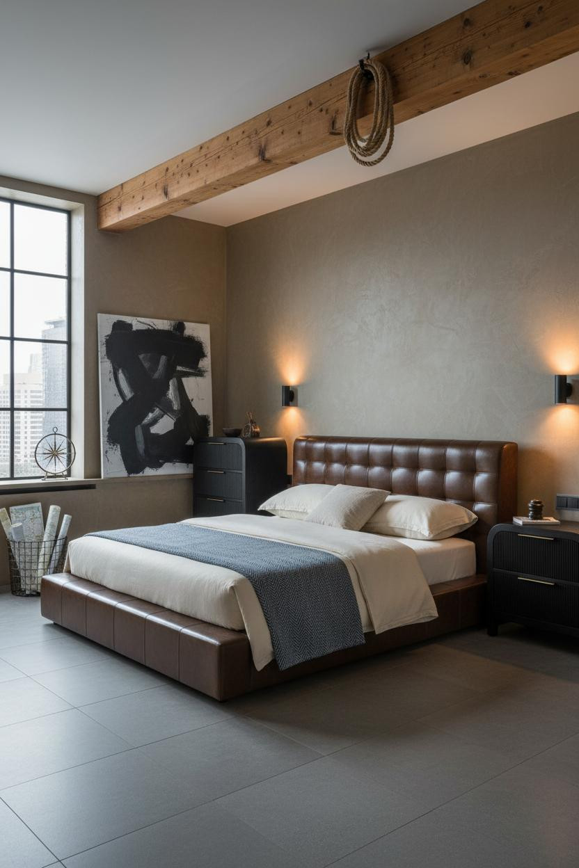 Rustic Industrial Bedroom Exposed Wooden Beams Loft Style