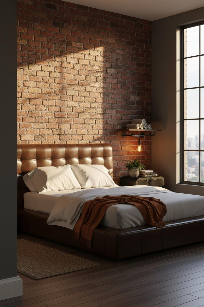 Rustic Industrial Bedroom Exposed Brick Wall Dark Walnut Floor Warm Amber Lighting