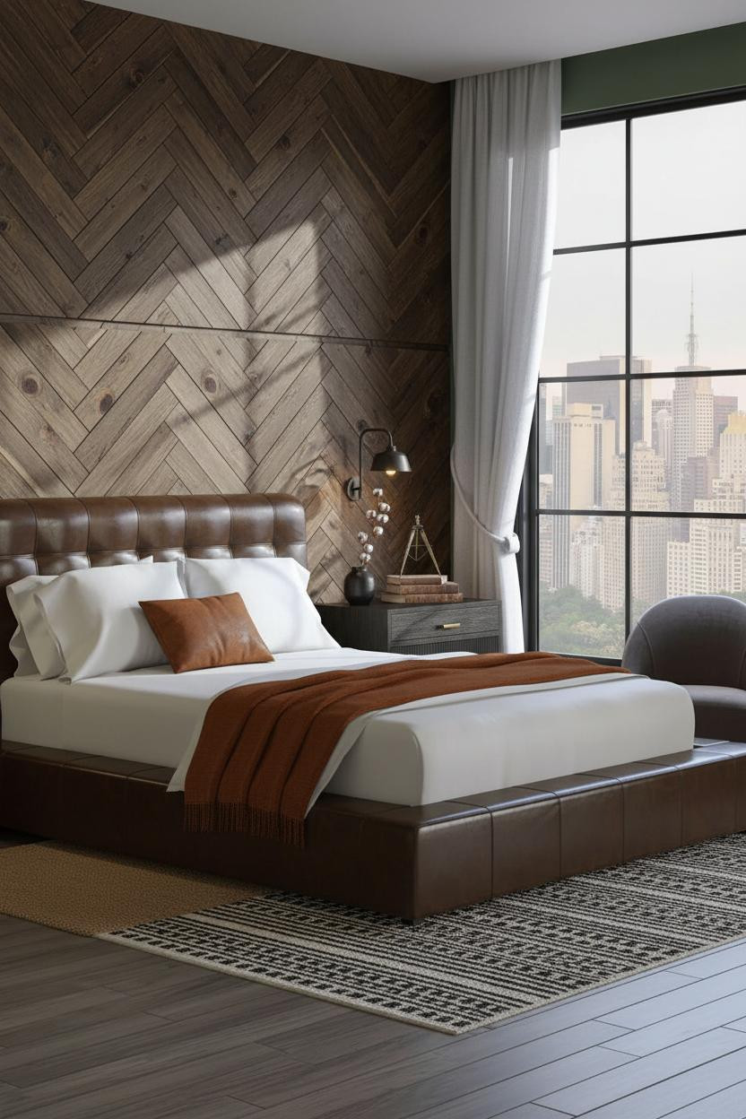 Rustic Industrial Bedroom Dark Wood Herringbone Accent Wall