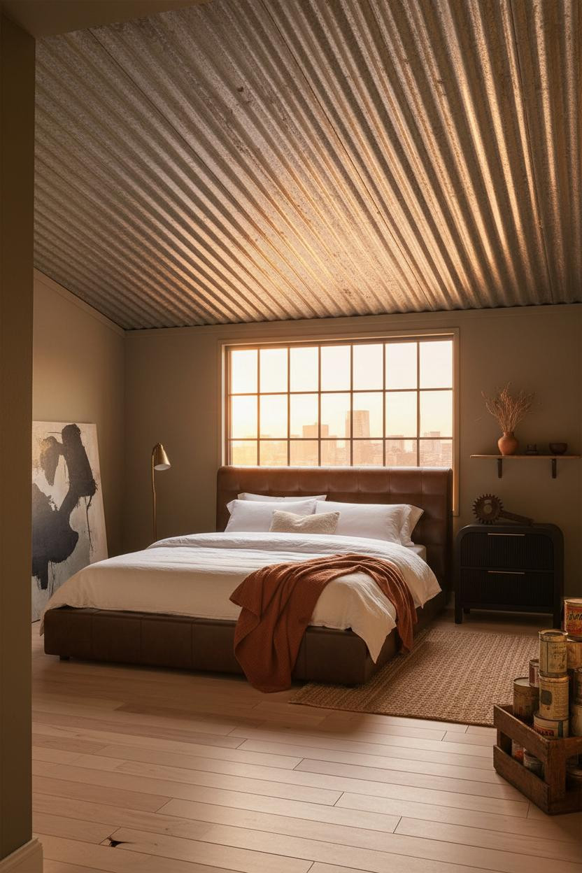 Rustic Industrial Bedroom Metal Ceiling Design