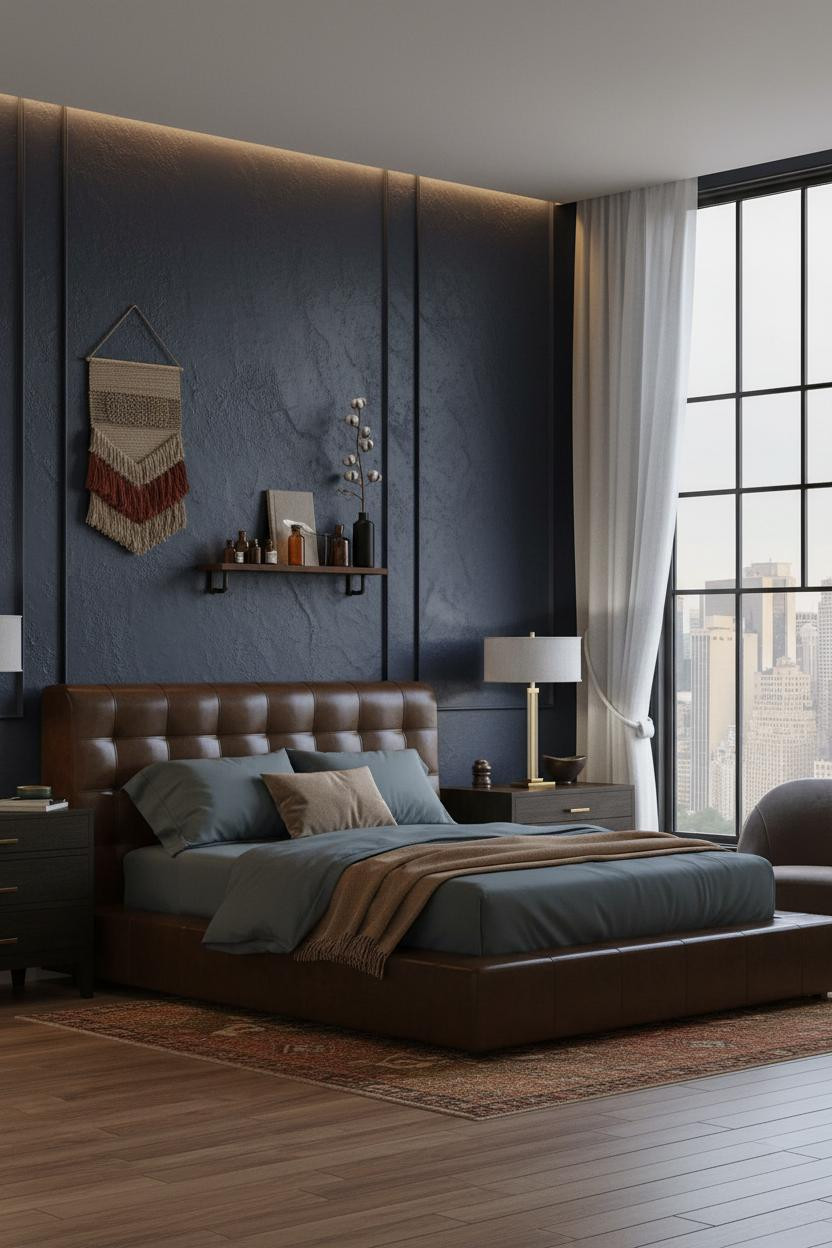 Rustic Industrial Bedroom Dark Navy Indigo Plaster Walls Warm Maple Floor