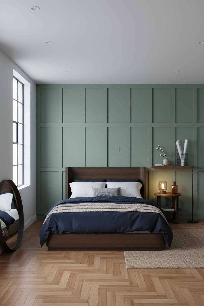Rustic Industrial Bedroom Sage Green Board and Batten Wall Herringbone Floor