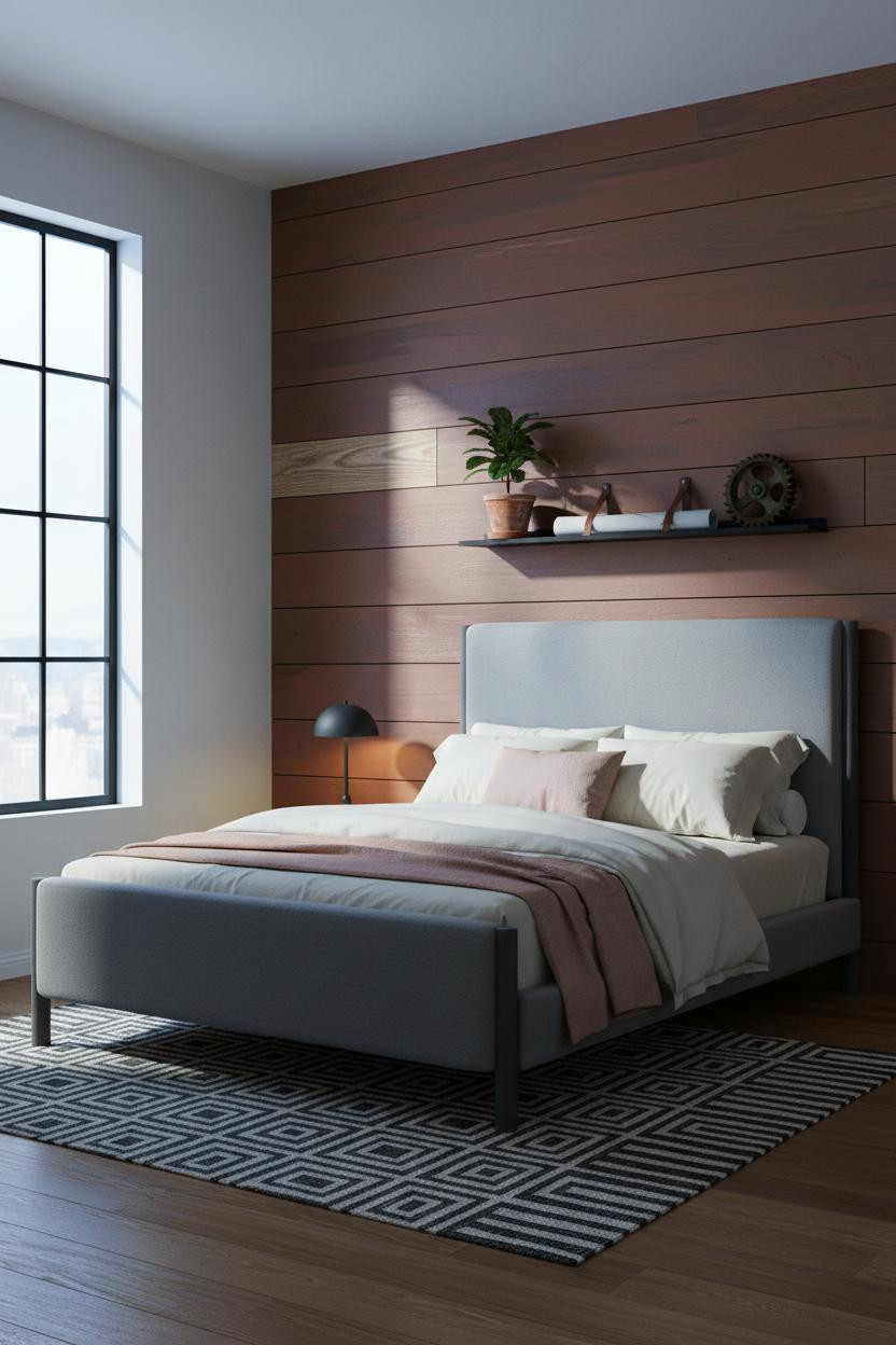 Rustic Industrial Bedroom Shiplap Accent Wall Warm Charcoal