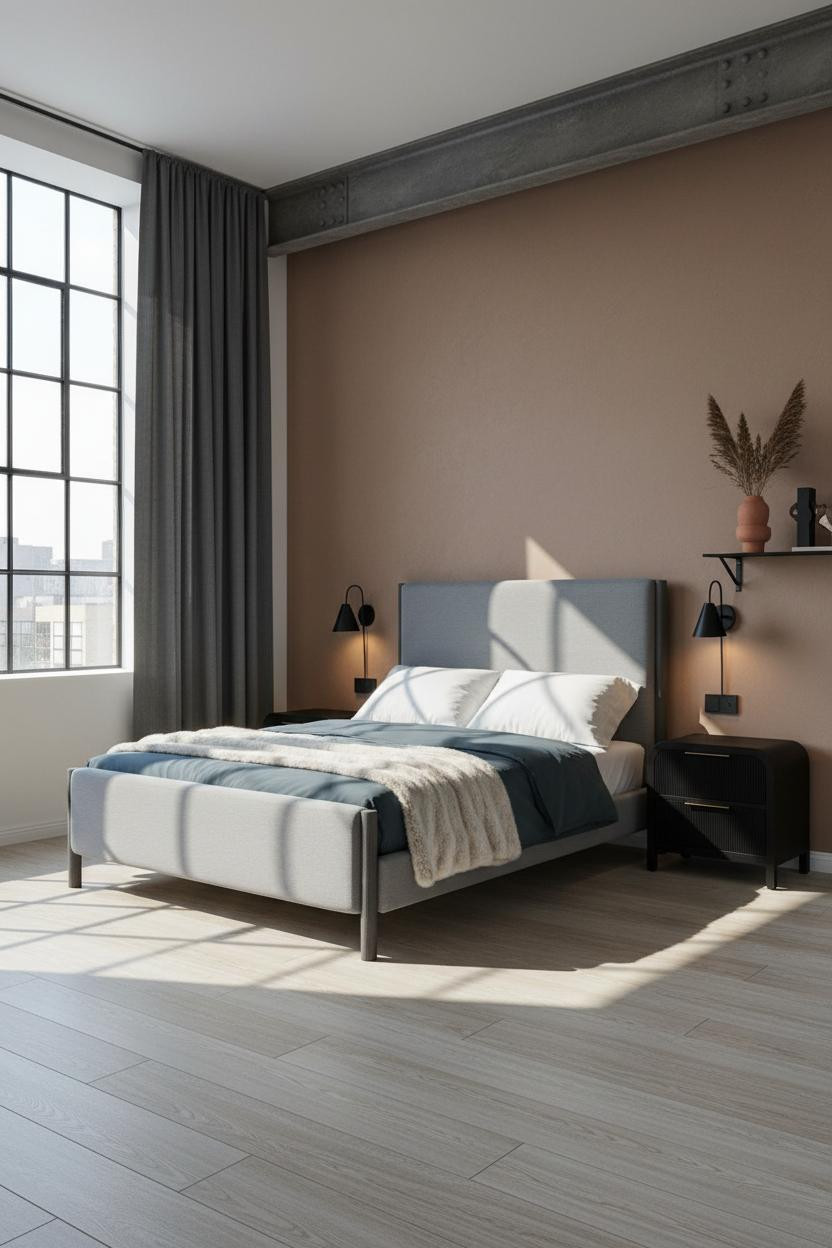 Rustic Industrial Bedroom Exposed Steel Beam Crittall Window Clay Walls