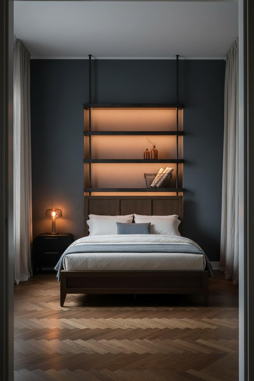 Rustic Industrial Bedroom Dark Moody Loft Style Blackened Steel Shelving Amber Light