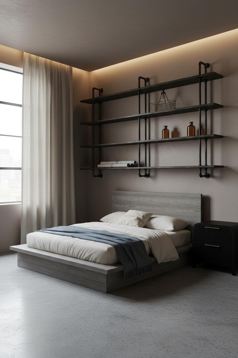 Rustic Industrial Bedroom Floor to Ceiling Blackened Steel Pipe Shelving Concrete Floor