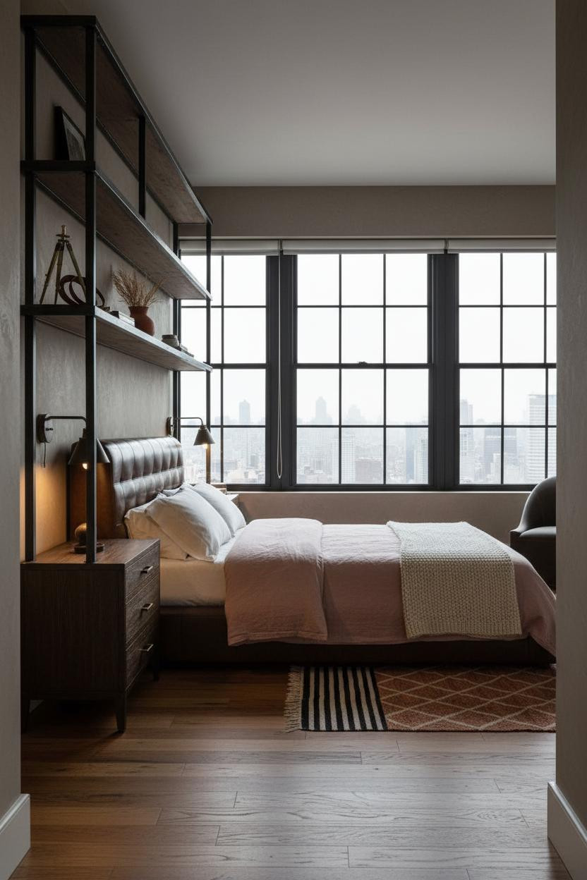 Rustic Industrial Bedroom Blackened Steel Shelving Warm Wood Floor