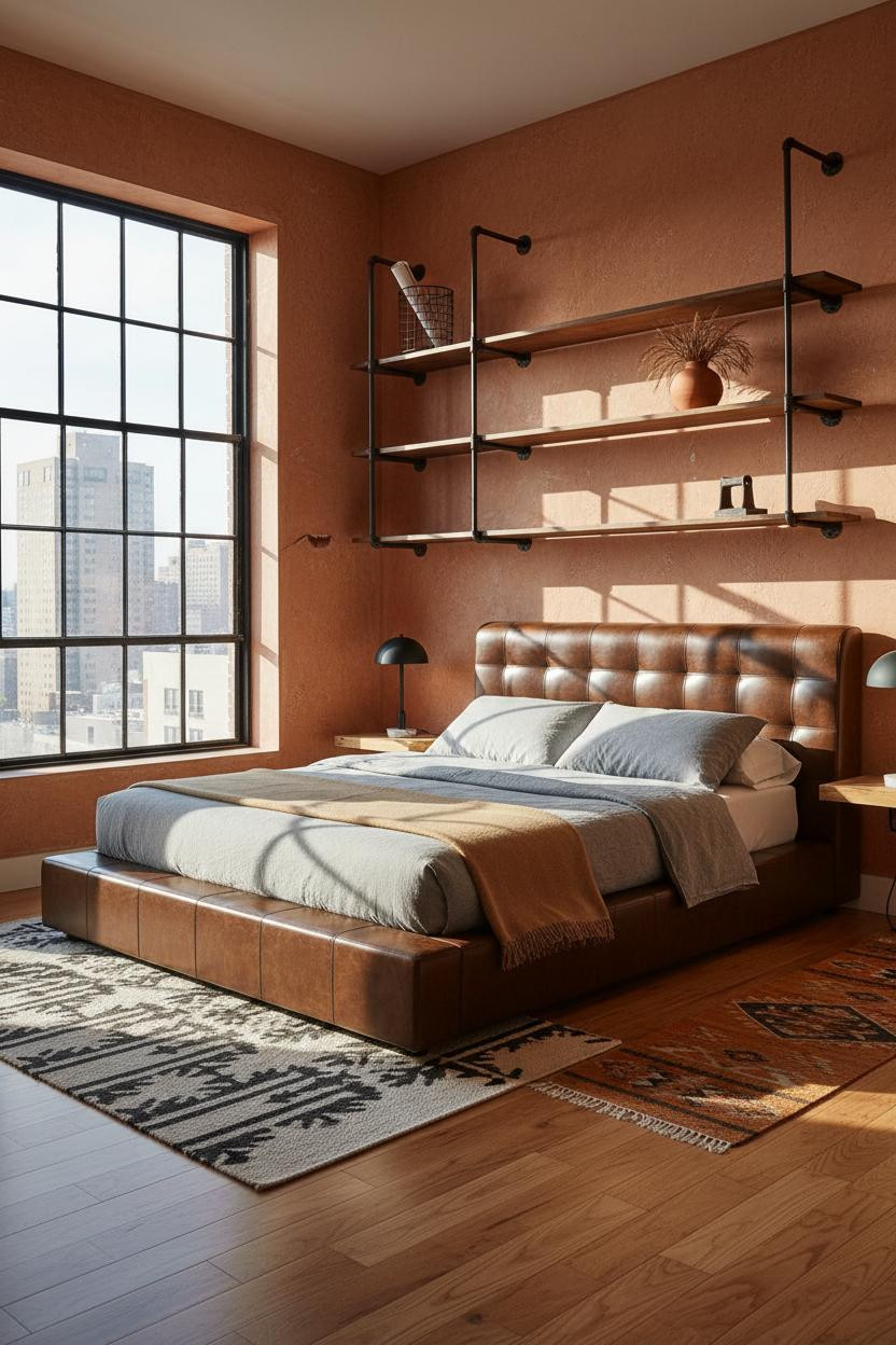 Rustic Industrial Bedroom Steel Pipe Shelving Terracotta Walls