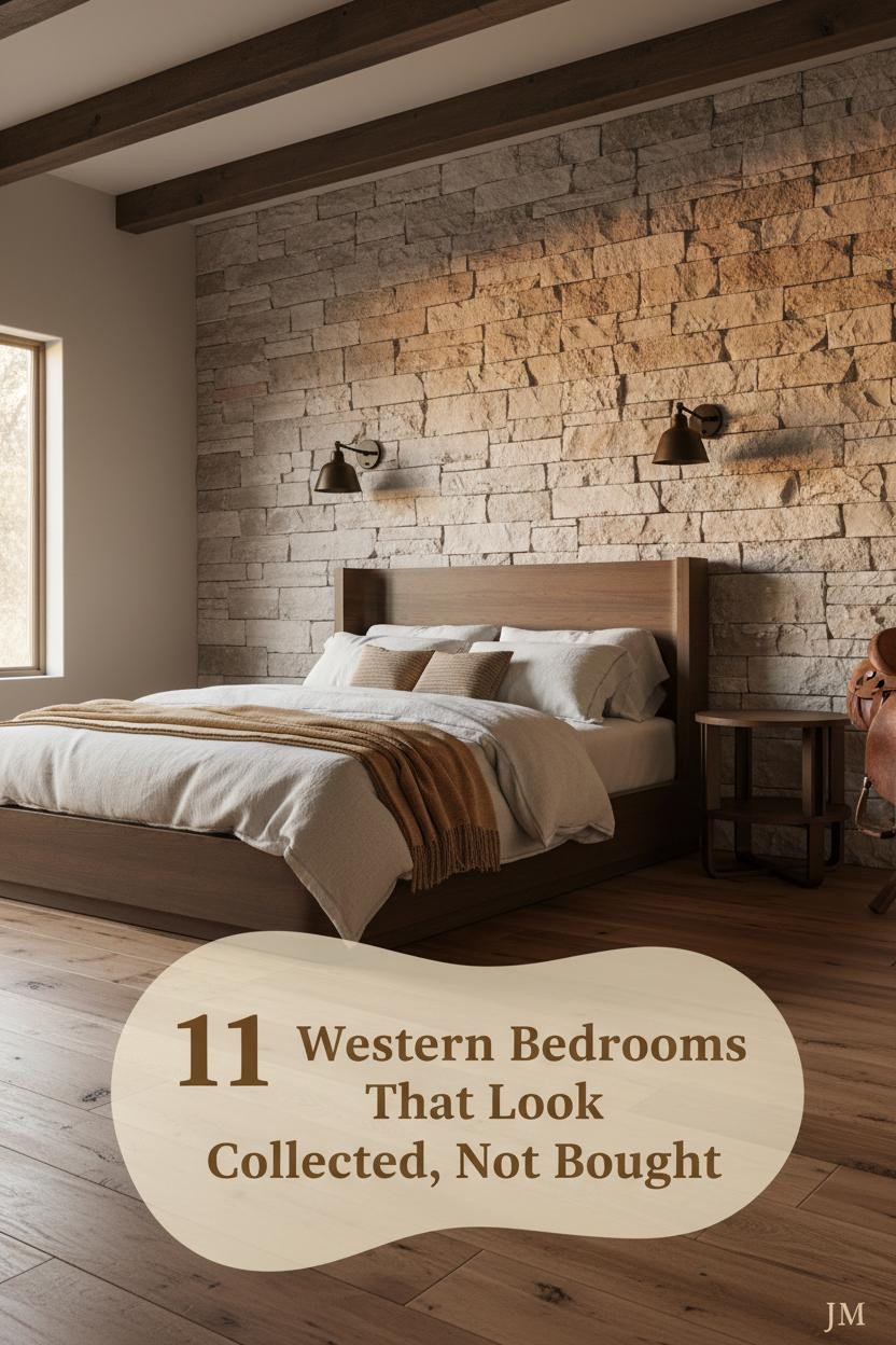 Rustic western bedroom with rough limestone wall, reclaimed oak floors, oatmeal linen bedding, camel wool throw, and amber iron sconce lighting