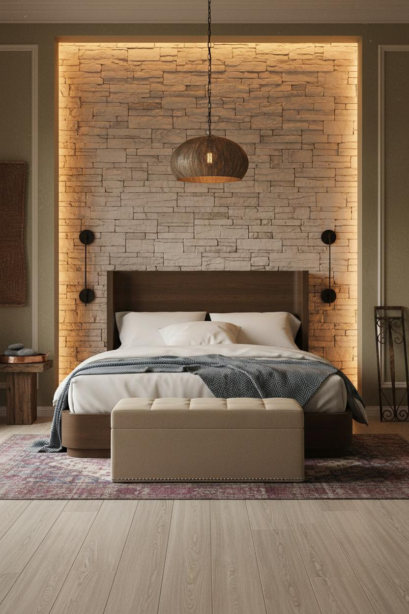 Rustic Western Bedroom Limestone Wall Amber Lighting