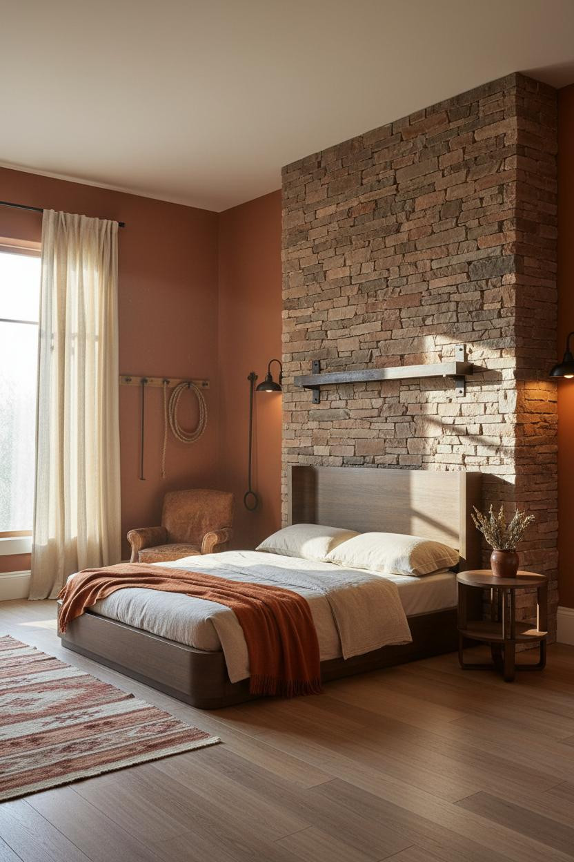 Rustic Western Bedroom Stone Fireplace Morning Light