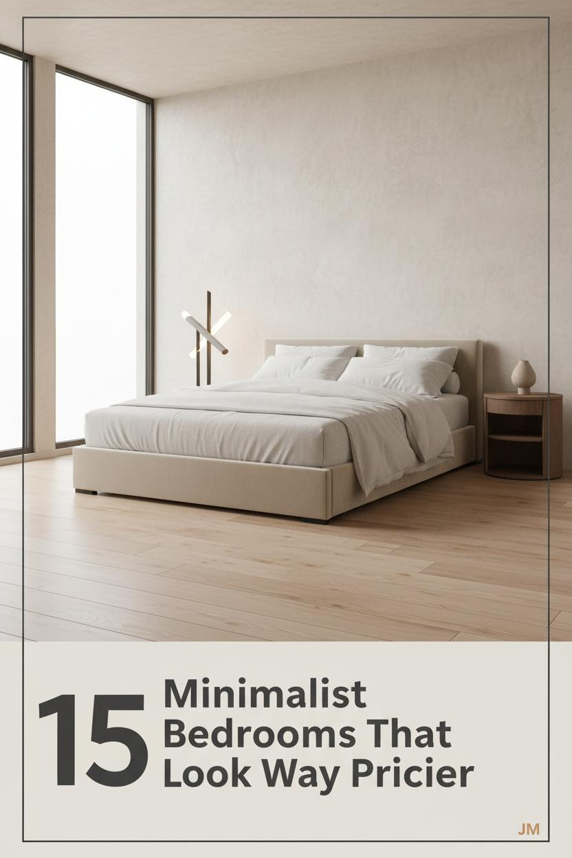 Low-profile bed with crisp stone-white linen, pale clay limewash walls, warm maple floors, walnut nightstand, and a single ceramic vessel accent