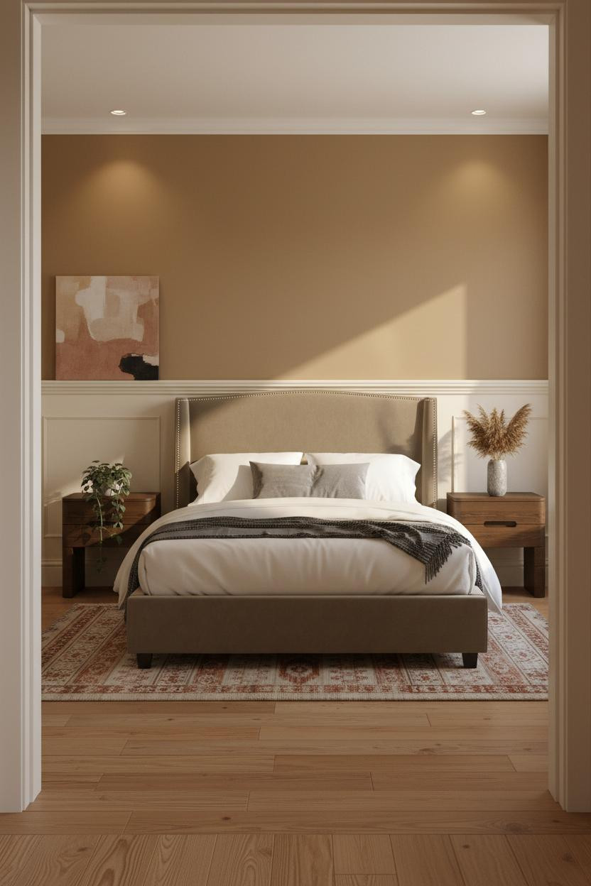 Small Bedroom Couples Boho Wainscoting