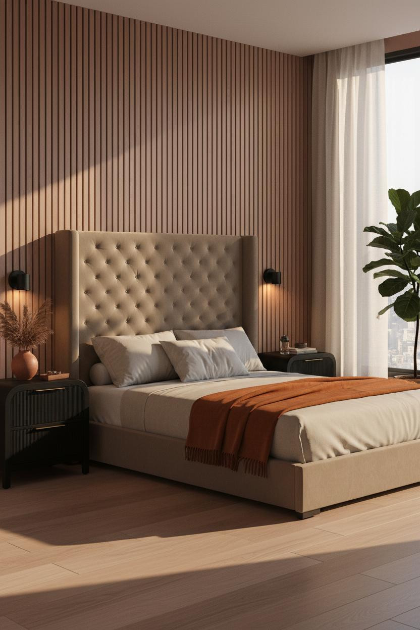 Small Bedroom Couples Japandi Walnut Headwall