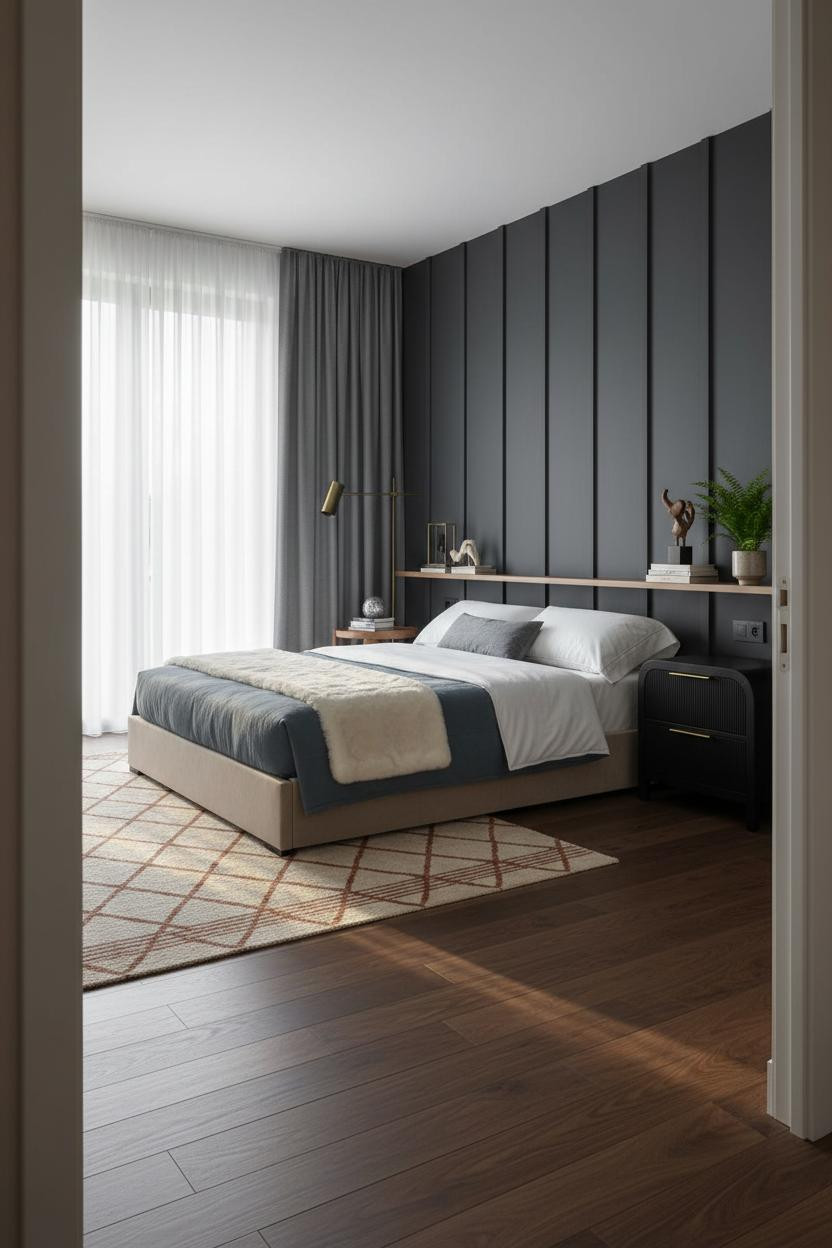 Small Bedroom Design Japandi Layout with Board and Batten Accent Wall