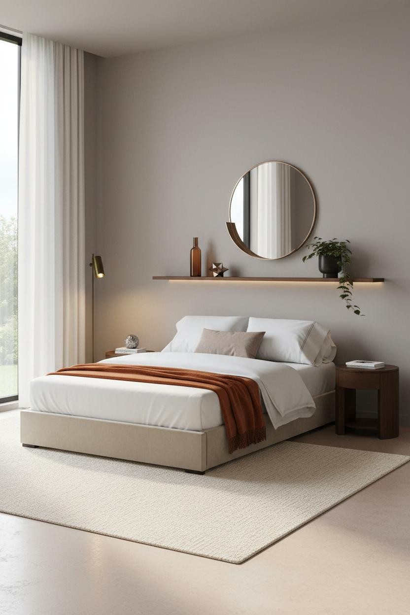 Small Bedroom Design Walnut Shelf Compact Layout