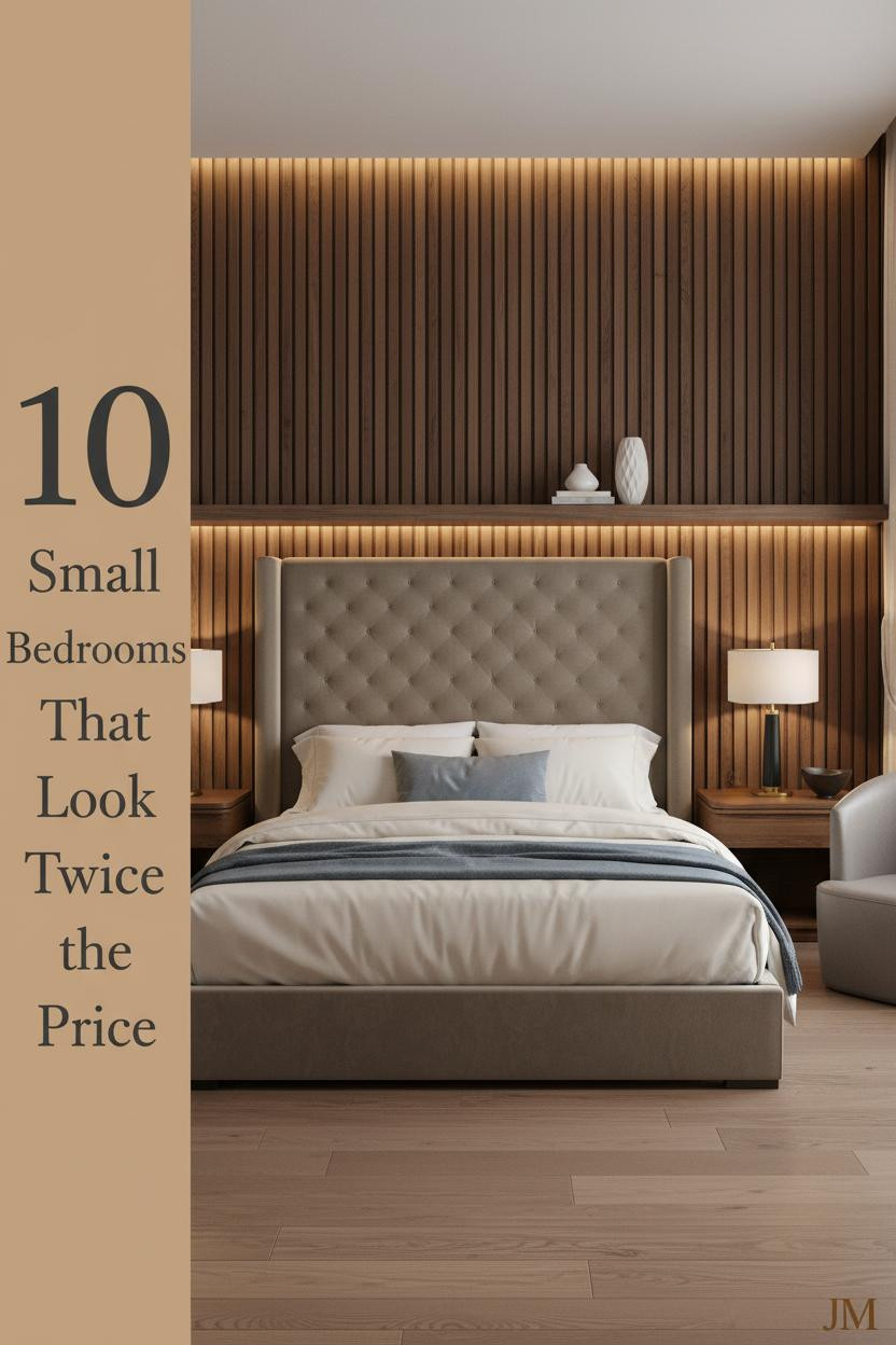 Compact couple bedroom with walnut slat headwall, honey oak floors, cream percale bedding, steel-blue throw, and warm cove lighting