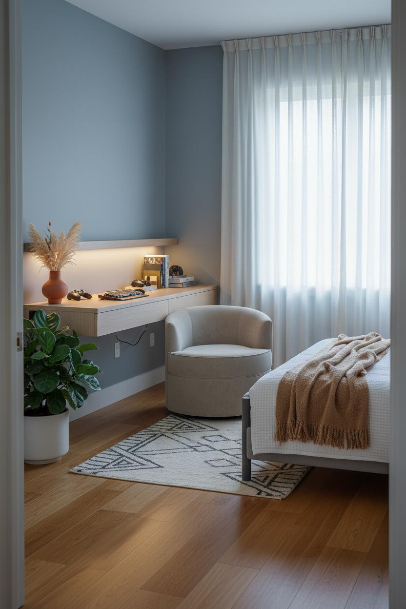 Small Gaming Bedroom Floating Desk Setup