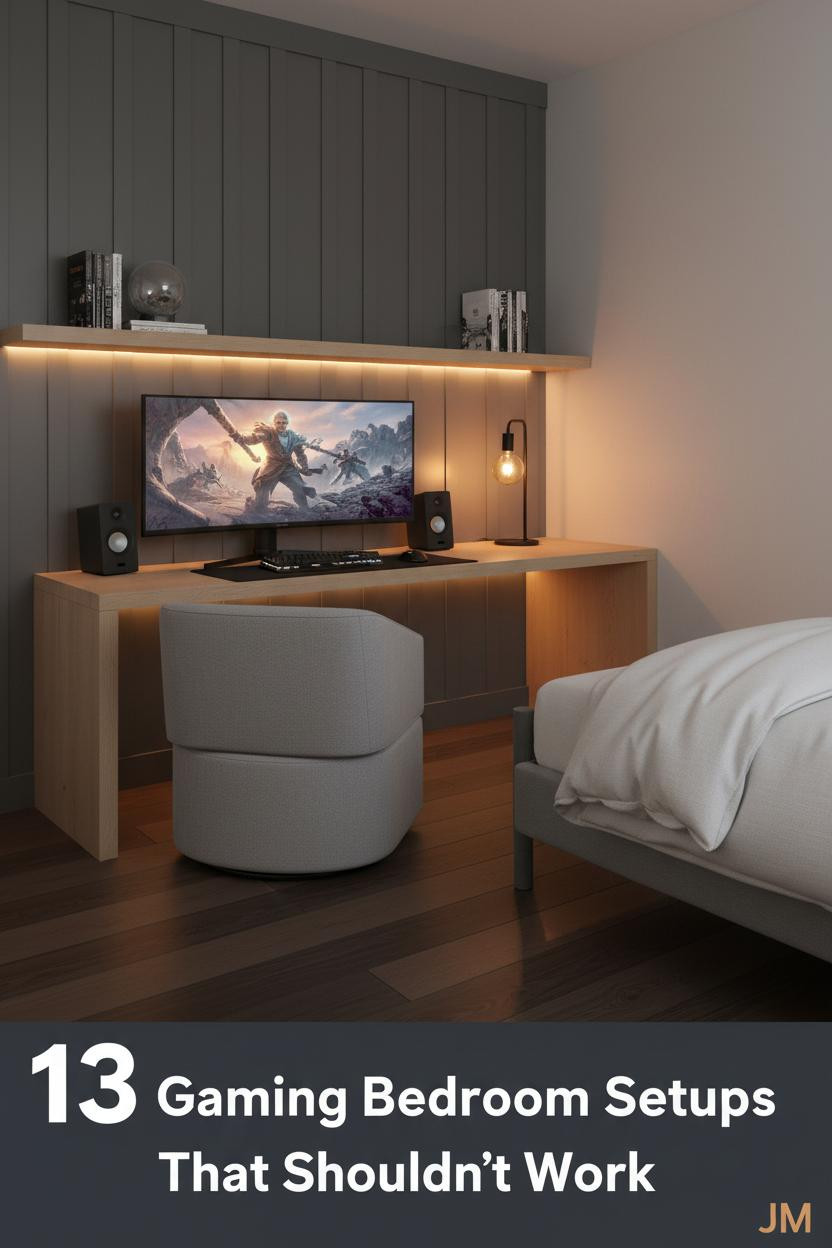 Compact gaming bedroom with charcoal board-and-batten wall, warm amber LED shelf lighting, pale oak desk, and low platform bed in warm greige tones