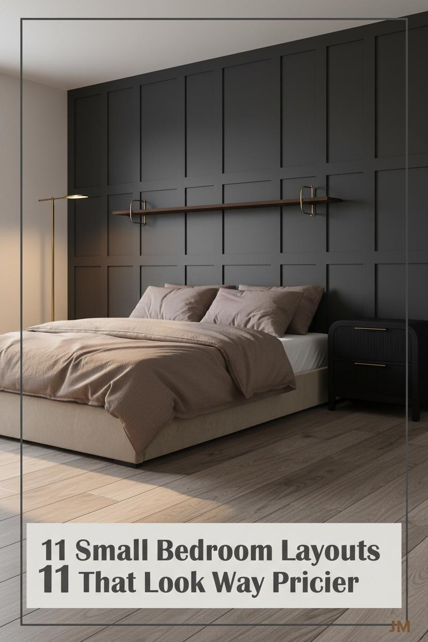 Compact bedroom with charcoal board-and-batten wall, low platform bed, mushroom linen bedding, walnut shelf, and warm amber floor lamp