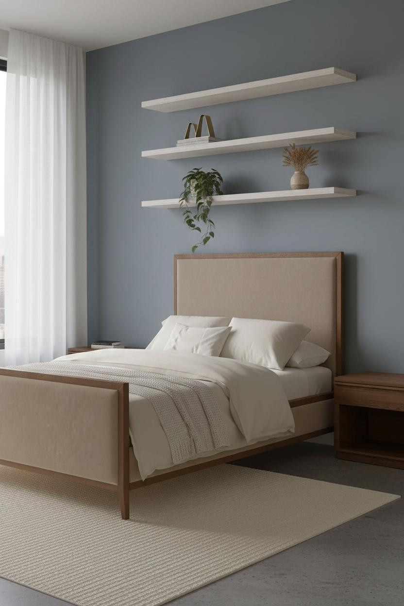 Small Studio Apartment Floating Shelves Bedroom