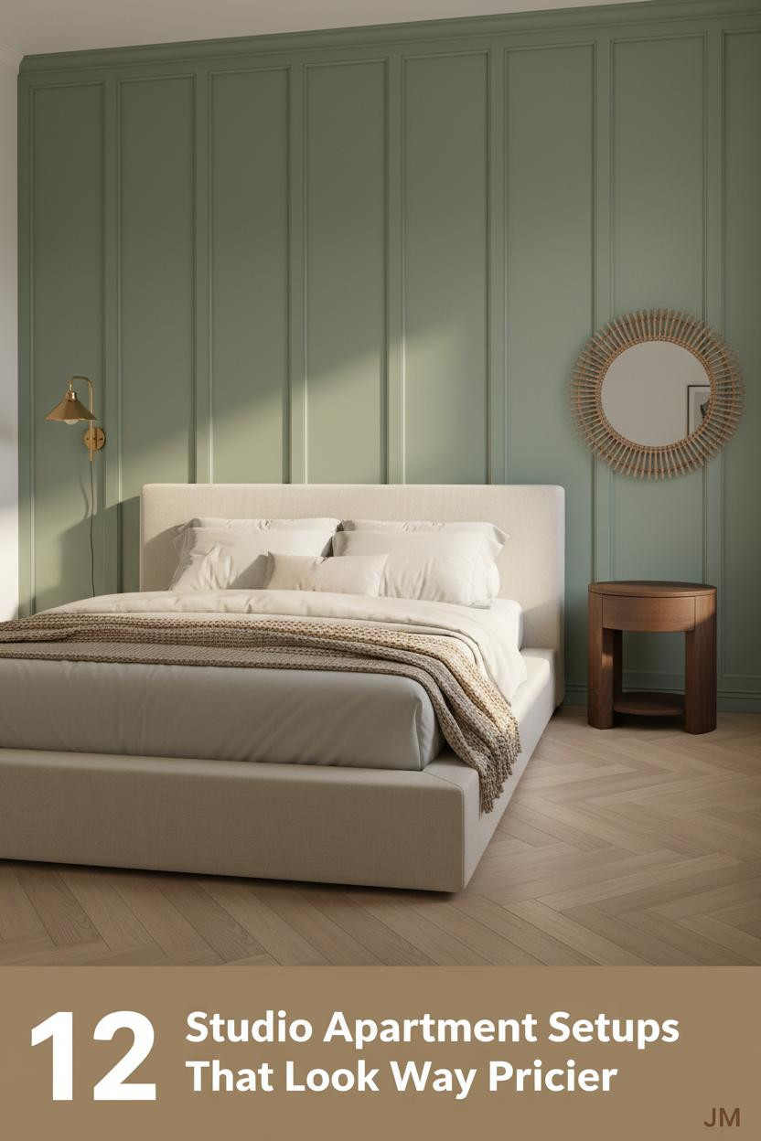 Compact studio bedroom with sage green board-and-batten wall, cream linen bedding, oak herringbone floor, rattan mirror, and warm sconce lighting