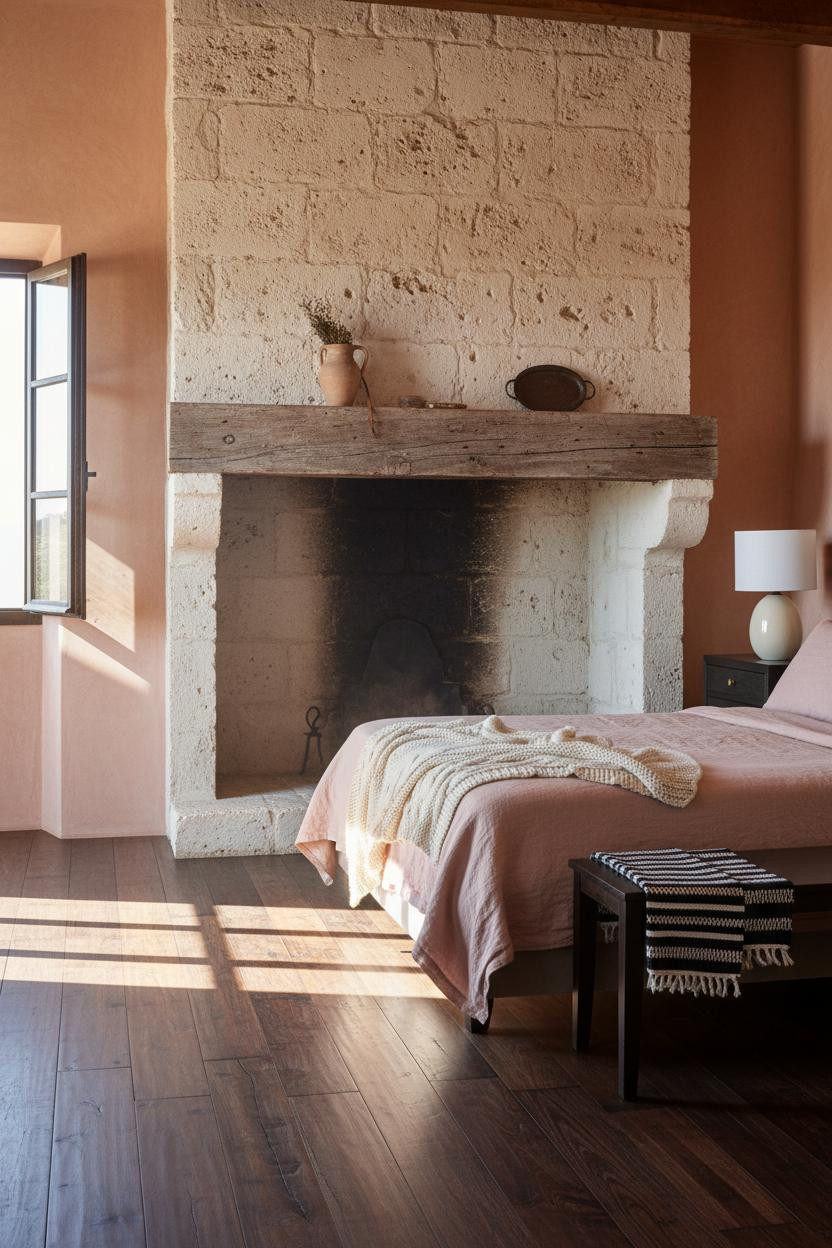 Spanish Mediterranean Bedroom Fireplace Stone