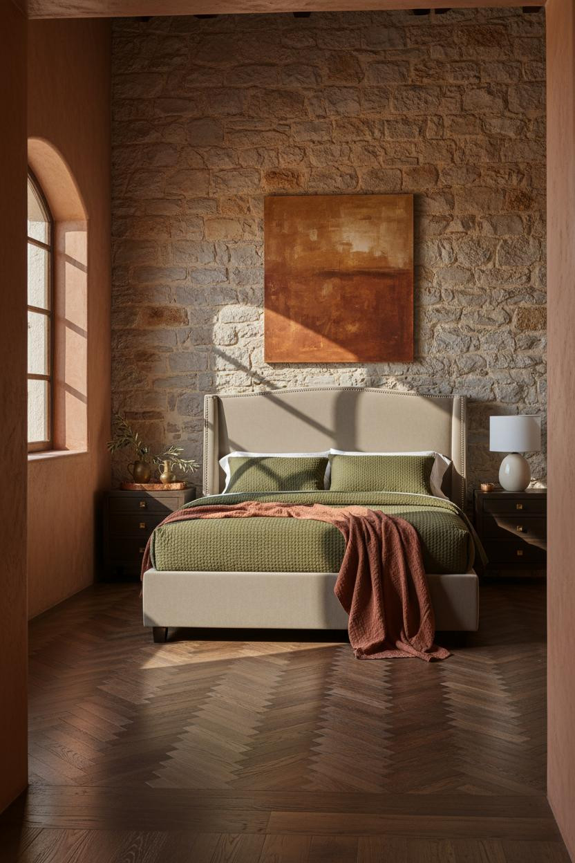 Spanish Mediterranean Bedroom Stone Accent Wall