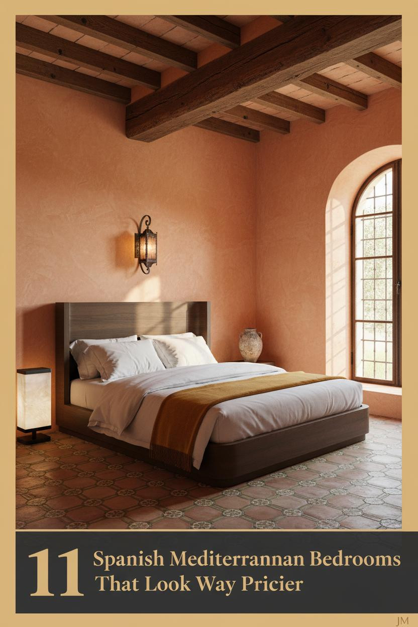 Spanish Mediterranean bedroom with apricot lime plaster walls, walnut ceiling beam, terracotta tile floor, ivory linen bedding, and warm iron sconce lighting