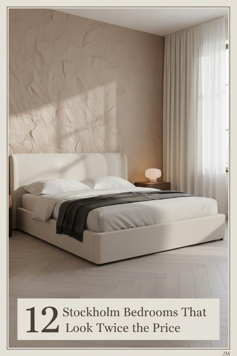 Stockholm style bedroom with warm putty plaster headboard, ash herringbone floors, ivory linen bedding, charcoal throw, and walnut nightstand