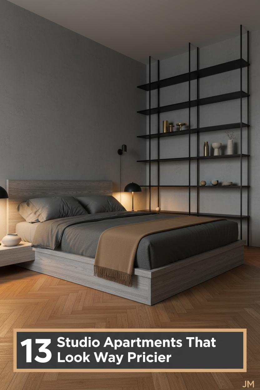 Male studio apartment with slate concrete accent wall, black steel shelving, honey herringbone floors, and charcoal linen bedding with brass accents