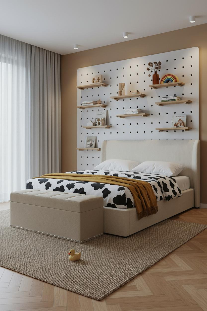 Stylish Kids Bedroom Pegboard Storage Design