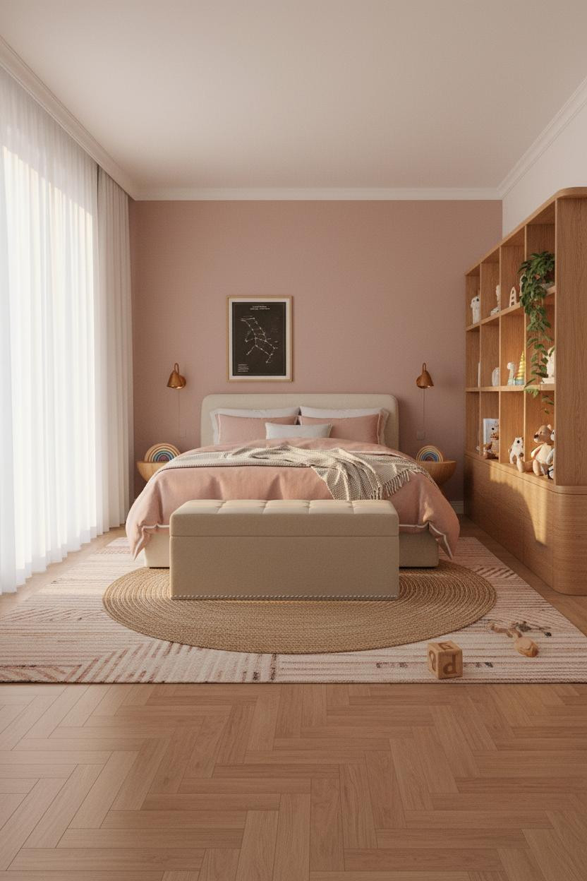 Stylish Kids Bedroom Pink Oak Shelving