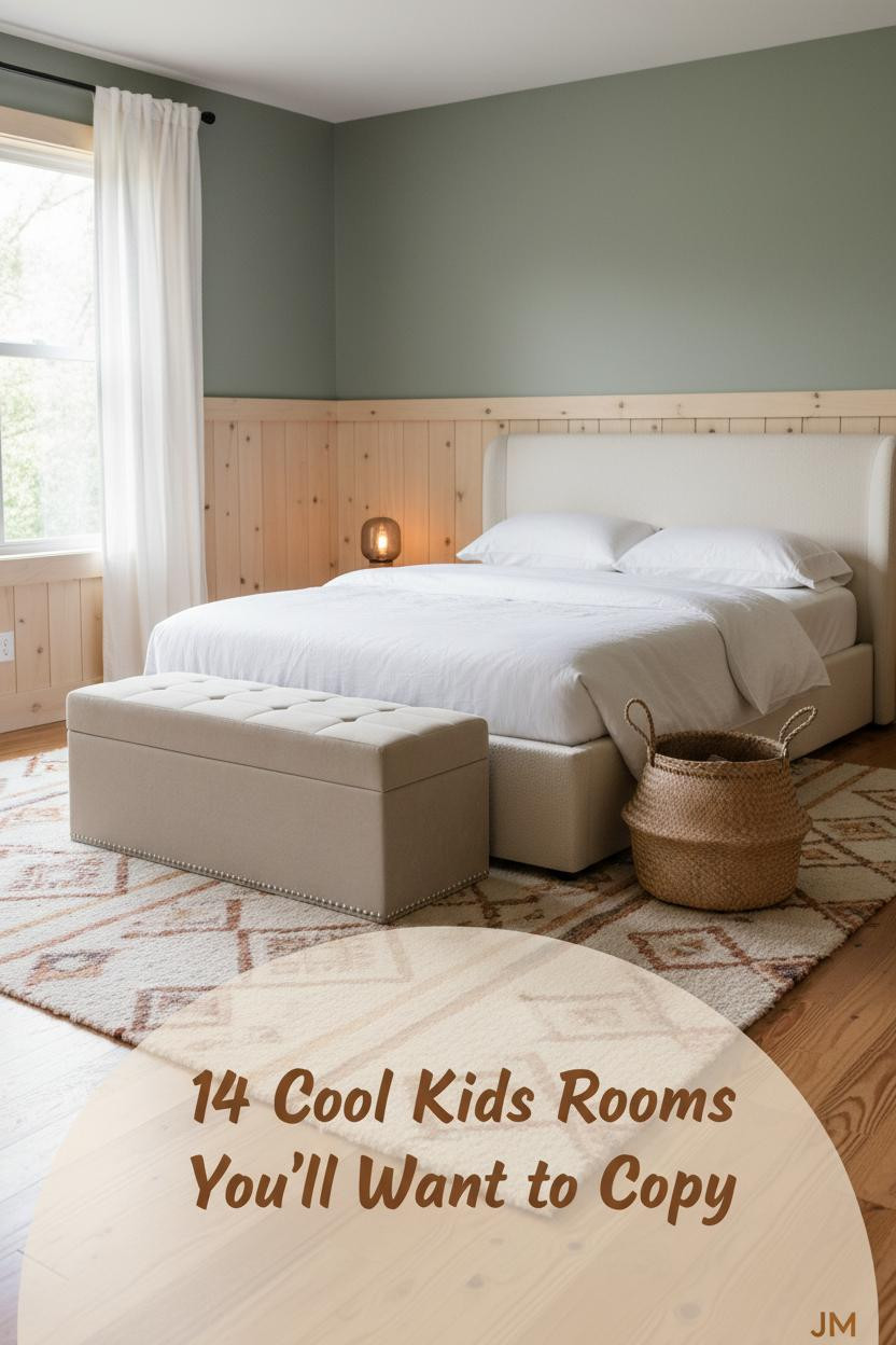 Stylish kids bedroom with natural pine board-and-batten walls, sage green upper half, amber wood floors, cream bed, rust geometric rug, and woven basket beside storage bench