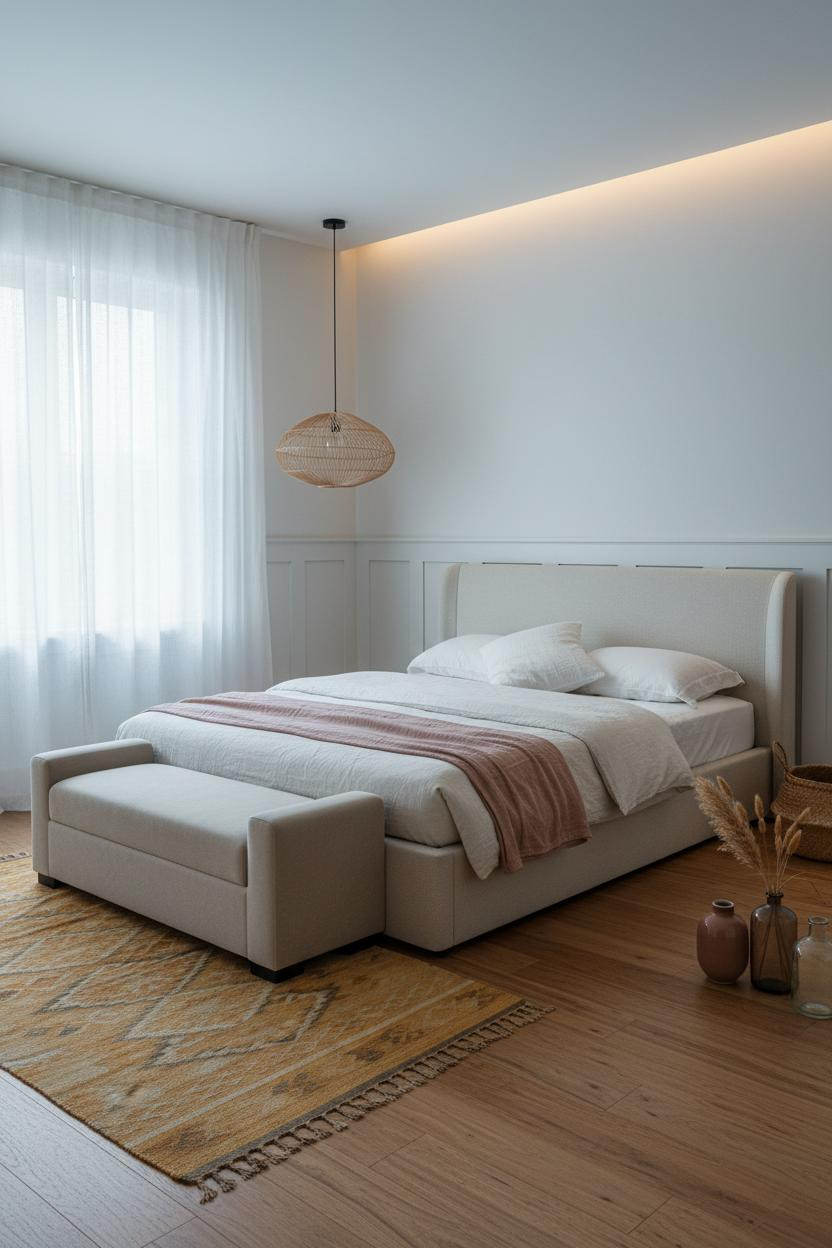 Tiny Bedroom Couples Boho Wainscoting Layout