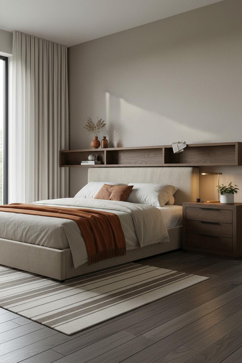 Tiny Bedroom Couples Floating Shelf Storage