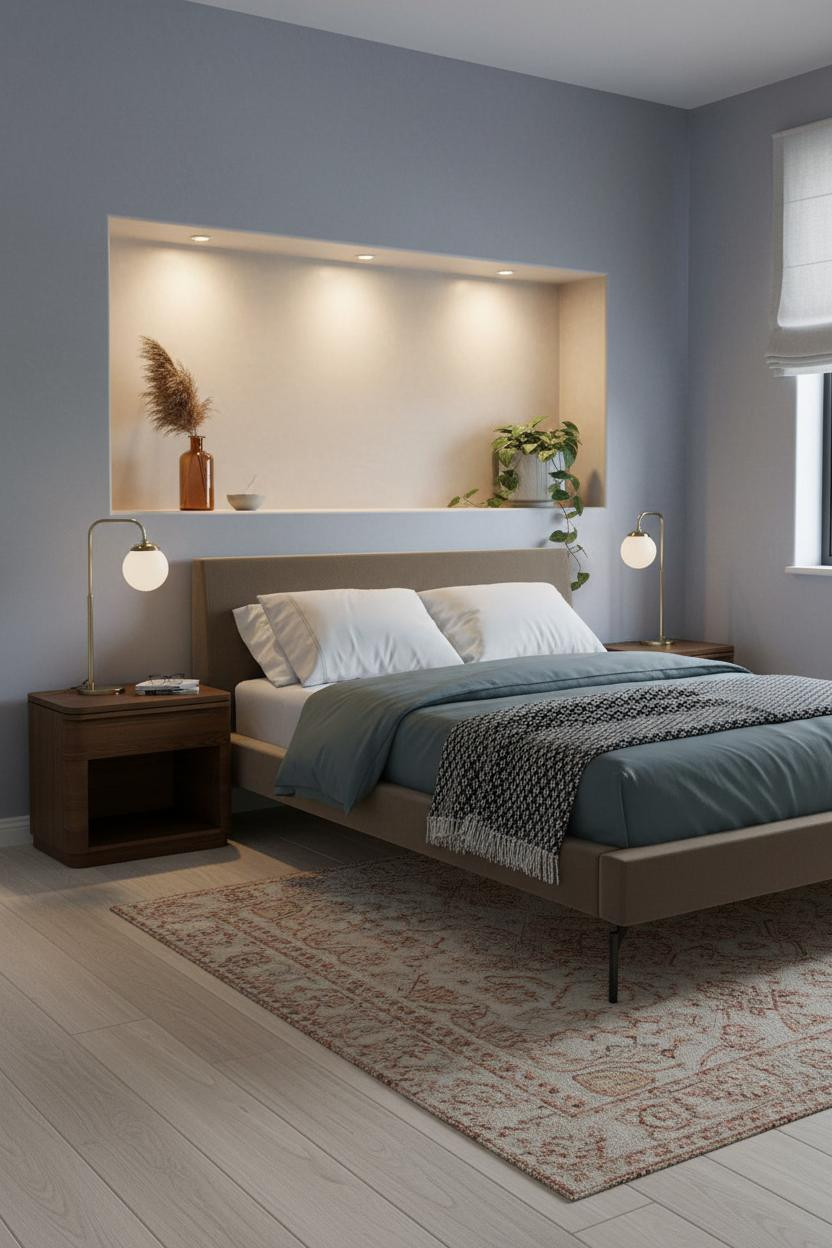 Tiny Bedroom Couples Indigo Niche Storage