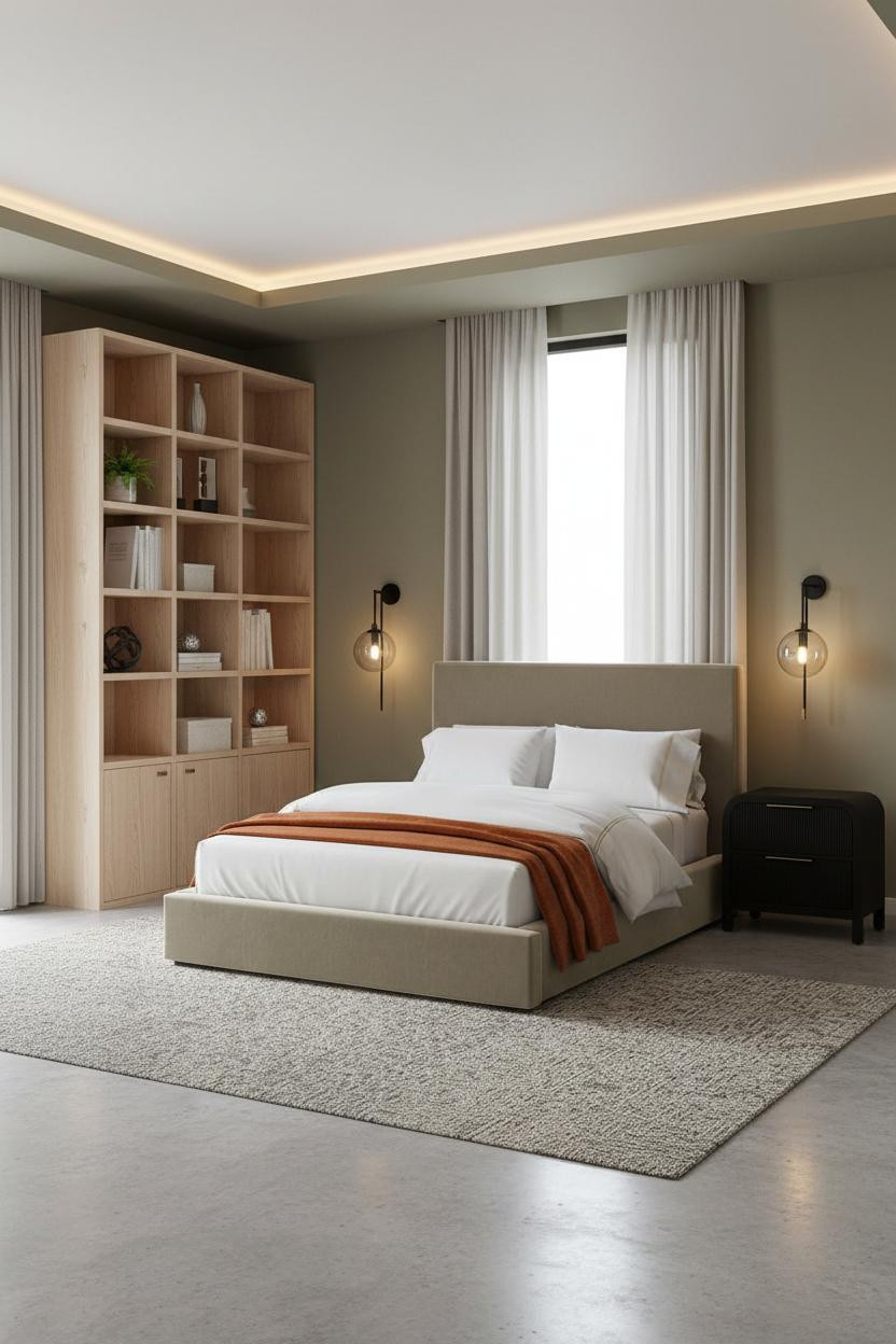 Tiny Bedroom Couples Industrial Shelving