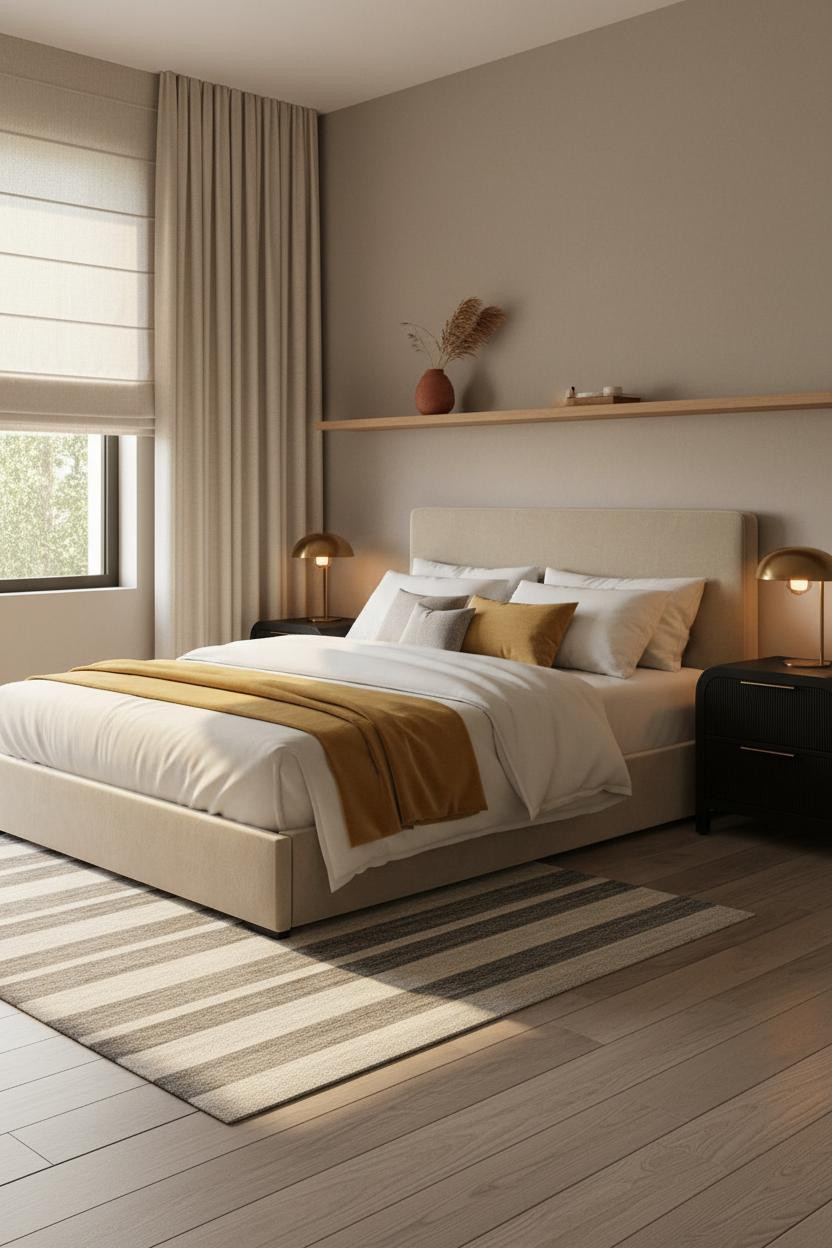 Tiny Bedroom Couples Japandi Floating Shelves