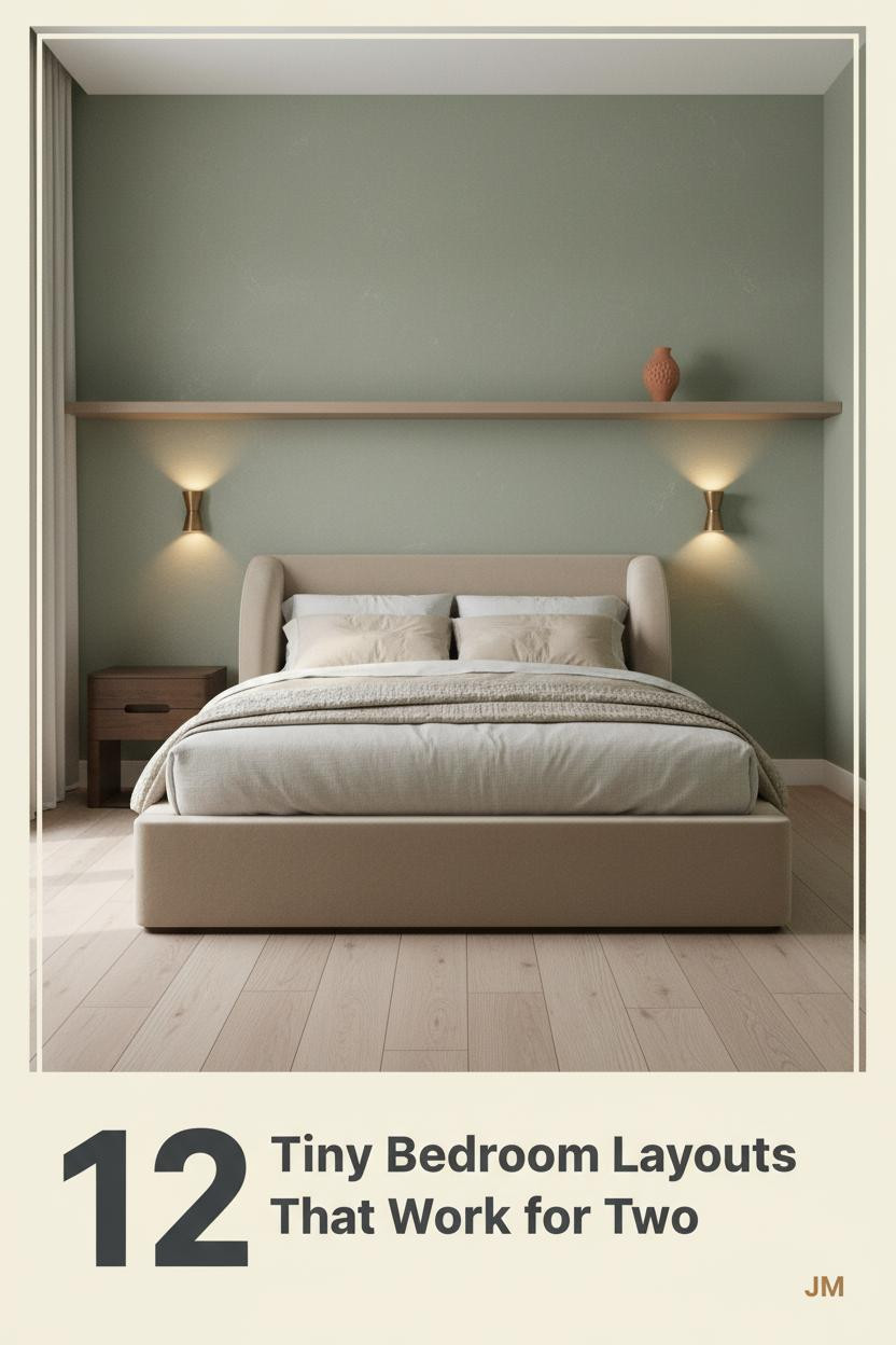 Compact couple bedroom with sage plaster accent wall, bleached oak floors, cream linen bedding, floating shelf, and paired warm wall sconces