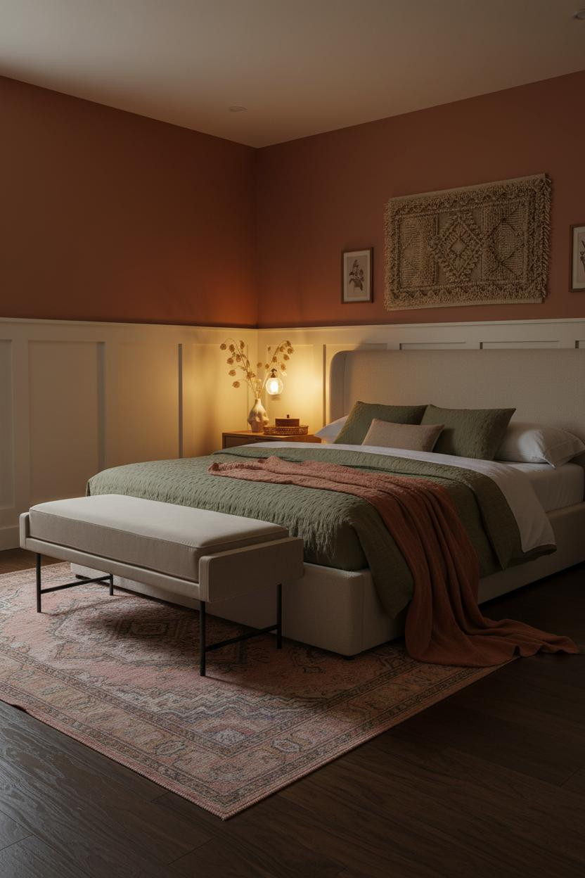 Tiny Guest Bedroom Boho Terracotta Wainscoting