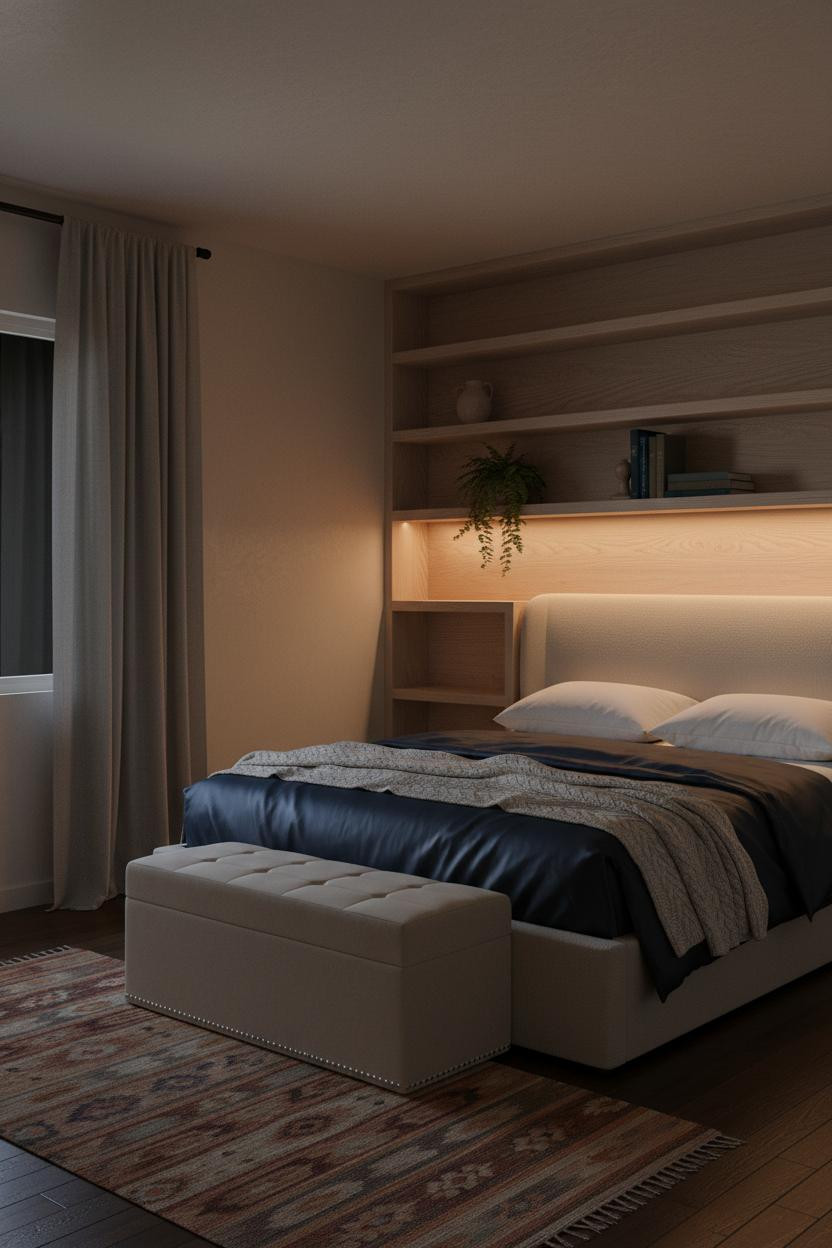 Tiny Guest Bedroom Built In Shelves Lamp