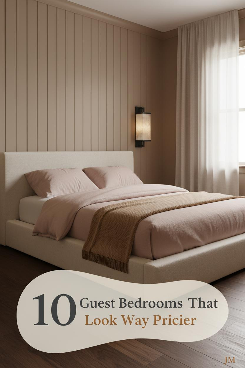 Compact guest bedroom with warm mushroom shiplap walls, dark walnut floors, dusty rose bedding, camel throw, and ceramic wall sconce glow